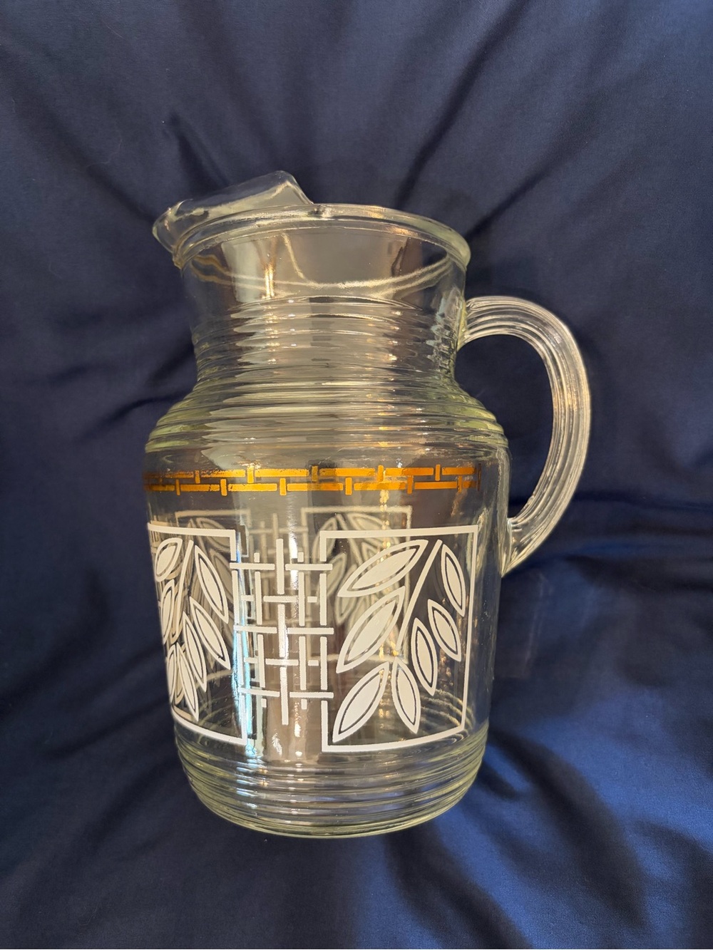 MCM Anchor Hocking Milano Finlandia Pitcher white and gold bamboo/leaves Design